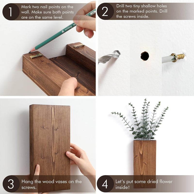 GRID FORTE Wood Wall Planter Set of 2, Wood Wall Pocket for Greenery and Dried Flowers, Indoor Hanging Vase, Modern Farmhouse Wall Decor for Living Room Bedroom Office Eucalyptus Stems Decorations (Walnut) - Image 4